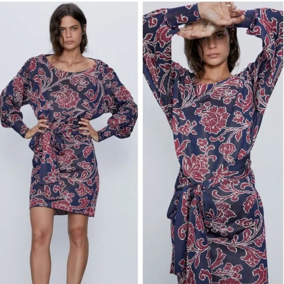 Zara | Dresses | Zara Nwt Jacquard Knit Floral Dress Nay